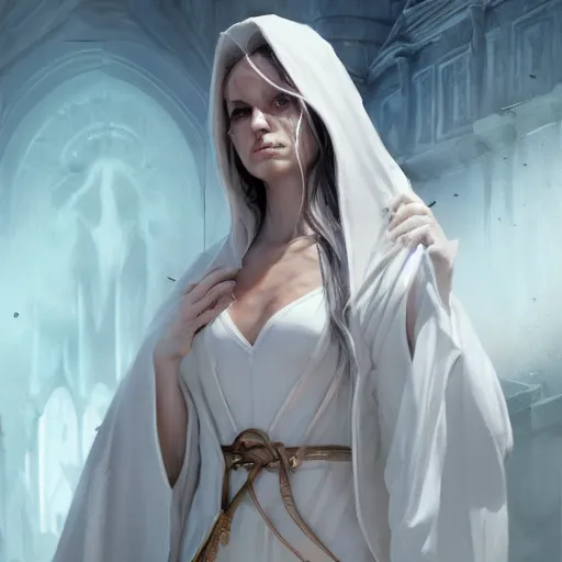 Image similar to A portrait of a female tiefling sorceress wearing a white robe, Magic the Gathering art, art by greg rutkowski, matte painting, trending on artstation, very detailed