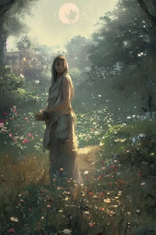 Image similar to a beautiful painting of garden, moon, girl, by greg rutkowski, trending on artstation