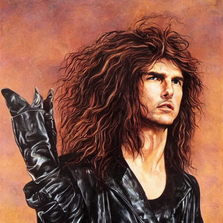 Prompt: Pre-Raphaelite portrait of Tom Cruise as the leader of a cult 1980s heavy metal band, with very long blonde hair, wearing a black leather jacket. high saturation