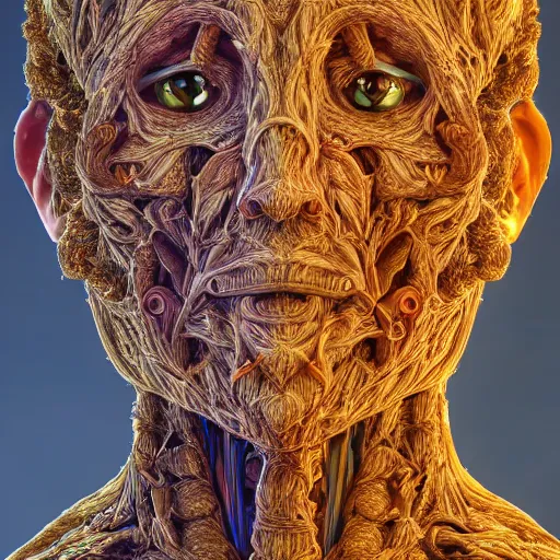 Image similar to face portrait, 150 mm, anatomical, flesh, flowers, mandelbrot fractal, veins, arteries, symmetric, intricate, golden ratio, full frame, microscopic, elegant, highly detailed, ornate, ornament, elegant , luxury, beautifully lit, ray trace, octane render in the style of peter Gric , alex grey and Romero Ressendi