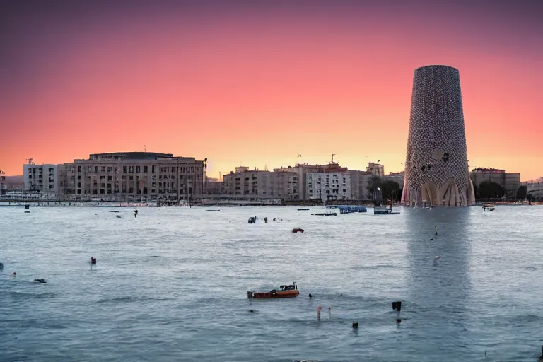 Image similar to views of catastrophic barcelona's agbar tower covered with high water, global warming, floating cars, sunset lighting, photo real