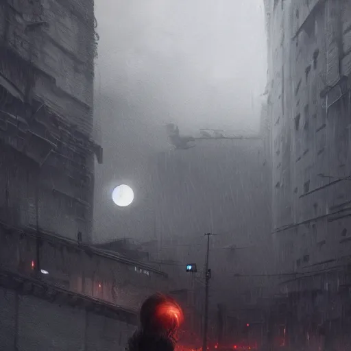 Prompt: A portrait of a gray eye girl, ruins of a destroyed city and a yellow-red full moon on background, techwear, dark, rainy atmosphere, natural volumetric light, intricate, highly detailed, digital painting, concept art, sharp focus, illustration, art by greg rutkowski, matte painting, trending on artstation