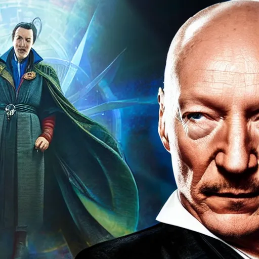 Image similar to conrad adenauer as dr. strange. detailed face. award winning photograph. 4 k natural color.