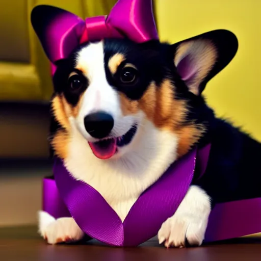 Image similar to a corgi wearing a purple party hat and a red bowtie, cinematic, ultra - hd