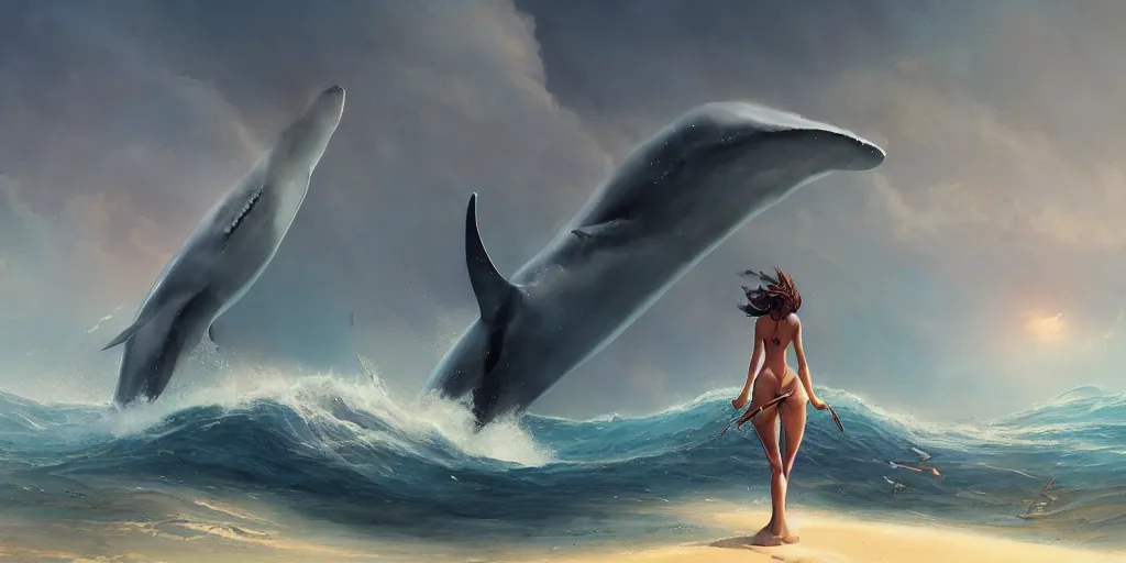 Prompt: close up of a beautiful girl on the horizon, hold the trident, model pose, slightly smiling,, big wave, big whale fighting against sharks on the background, by peter mohrbacher and makoto shinkai and ferdinand knab