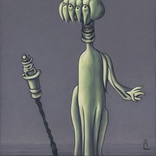 Image similar to squidward as a dark souls boss by René Magritte