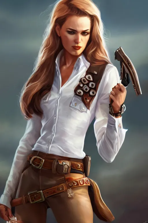 Image similar to full body, female cowgirl, perfect face, white blouse, empty gun holster, 8 k, magic the gathering, desert, d & d, artstation, high detail, smooth, muscular