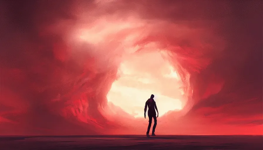 Prompt: silhouette of tiny man walking away from camera, circular, orb, tornado, very wide angle, low horizon, seen from behind, symmetry, dramatic, red, fire, ( land ), by greg rutkowski, artstation