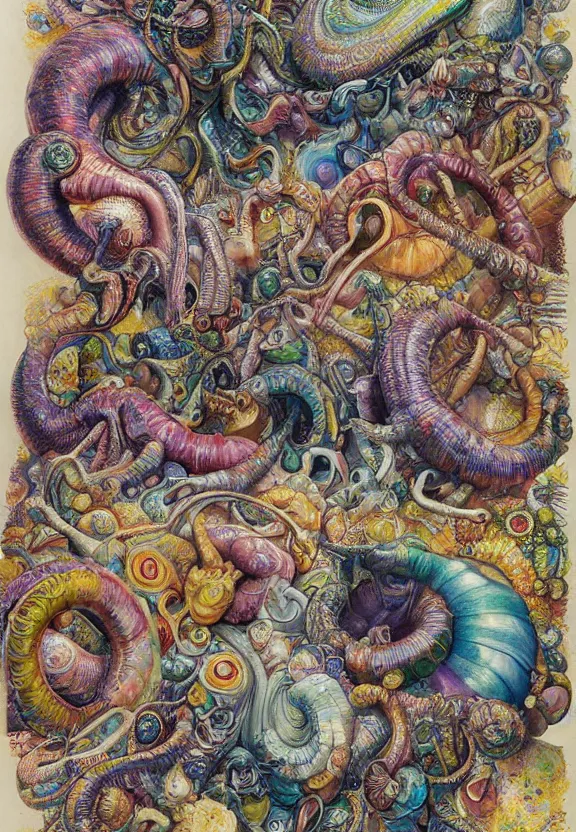 Prompt: simplicity, colorful muscular eldritch mollusks and bodies radiating town fractal, mandala white bones, colorful gems, brush pen, by h. r. giger and esao andrews and maria sibylla merian eugene delacroix, gustave dore, thomas moran, pop art, chiaroscuro, biopunk, art nouveau