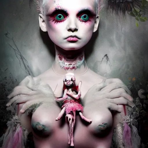 Image similar to Eerie, ethereal stunning maximalist creepy horrorpunk girl from the rainbow sky paradise, high-tech, detailed by Mark Ryden, 35mm macro shot, hyperrealism, 8k resolution 3D