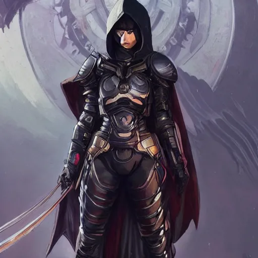 Prompt: cassandra cain in destiny hunter armor, wearing a hooded cloak, beautiful face!!!!, 2 7 years old, cg animation, realistic, character select portrait, by artgerm, greg rutkowski, alphonse mucha, 3 d