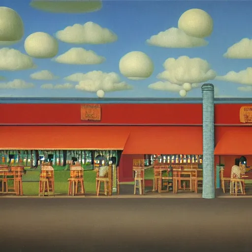 Image similar to A painting of a hawker centre by Rene Magritte