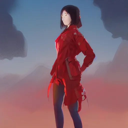 Prompt: full body long shot of Japanese female wearing red futuristic jacket and shorts, highly detailed, digital painting, artstation, concept art, sharp focus, illustration, art by greg rutkowski and alphonse mucha