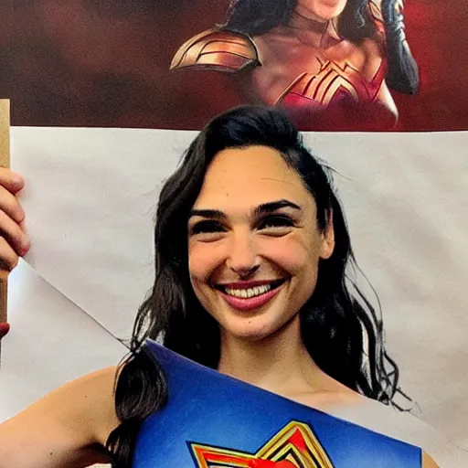 Prompt: Gal Gadot holding a sign that says M I T C H I E P O O !!!! as painted by Ralph Horsley