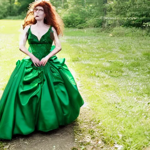 Prompt: a panicked woman wearing a green ball gown and an emerald necklace. she has blood splotches on her face and looks terrified. long chestnut hair. 4 k dynamic shot