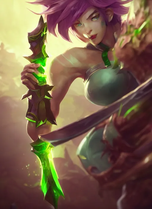 Image similar to riven from league of legends, au naturel, fighting with green sword, hyper detailed, digital art, trending in artstation, cinematic lighting, studio quality, smooth render, unreal engine 5 rendered, octane rendered, art style by klimt and nixeu and ian sprigger and wlop and krenz cushart