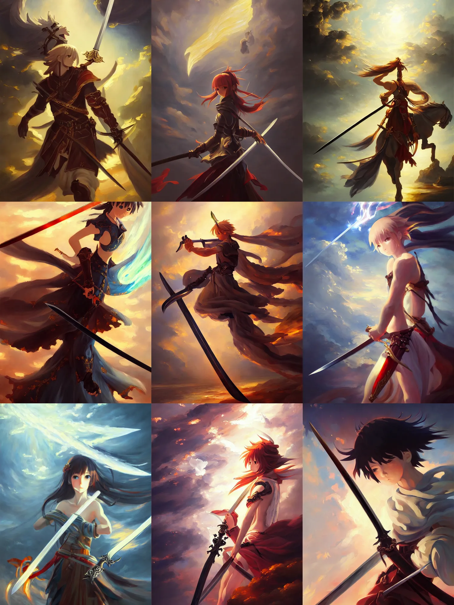 Prompt: classical oil painting, fantasy, trending on artstation, stylistic, brush strokes, oil, canvas, by kawacy and makoto shinkai, featuring sword artwork, glowing sword, enchanted sword, sword magic runes