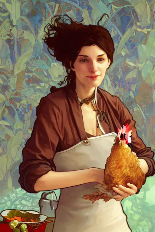 Image similar to a woman cooking dinner with her pet chicken, digital painting, artstation, concept art, smooth, sharp focus, illustration, art by virmeer and alphonse mucha