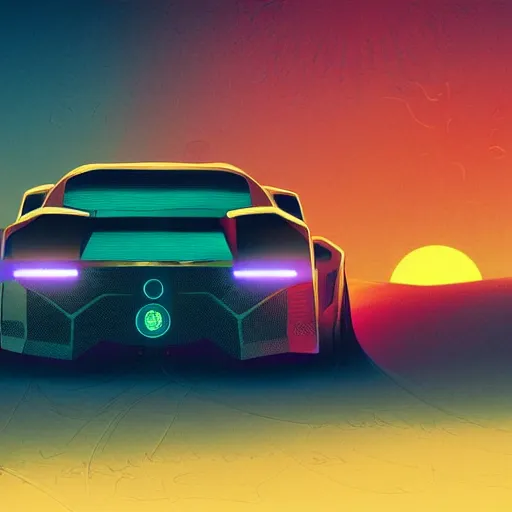 Prompt: cyberpunk lamborgini in desert at sunset by kilian eng and moebis