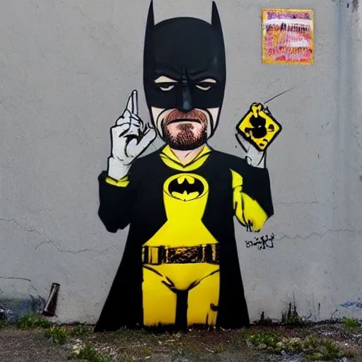 Prompt: Walter White as Batman, Heisenberg as the Dark Knight, Urban Graffiti Banksy, Bordalo, trending on artstation