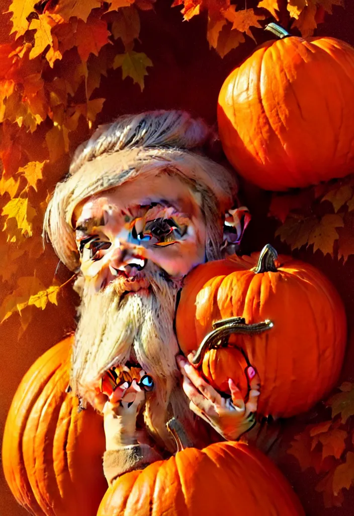 Image similar to hand drawn cute one gnomes face in autumn disguise holding pumpkin, detailed closeup face, concept art, low angle, high detail, warm lighting, volumetric, godrays, vivid, beautiful, trending on artstation, art by artgerm and greg rutkowski and alphonse mucha