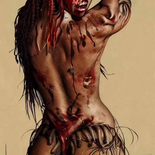 Prompt: zoomed out portrait painting of a muscular bloodied tribal girl butcher, tattooed, lower back, ultra realistic, concept art, intricate details, eerie, highly detailed, photorealistic, octane render, 8 k, unreal engine. art by artgerm and greg rutkowski and alphonse mucha