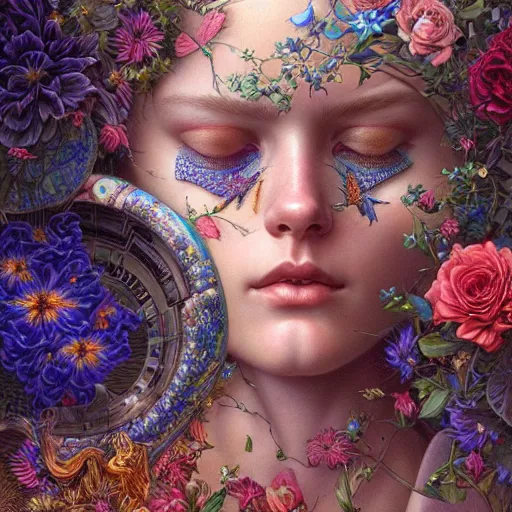 Image similar to hyper detailed masterpiece, floral pattern, jean giraud, single tear, digital art painting, matte painting, beautiful, psychedelic, artgerm, donato giancola, tom bagshaw