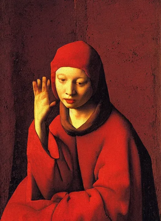 Image similar to red candle, medieval painting by jan van eyck, johannes vermeer, florence