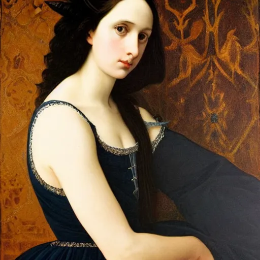 Image similar to full body portrait of a dark haired girl, long hair, pale beautiful gentle face, blue eyes, intricate goth dress, among ravens, highly detailed, deep focus, elegant, digital painting, smooth, sharp focus, golden ratio, illustration, ultra realistic, 8 k, art by artemisia lomi gentileschi and caravaggio