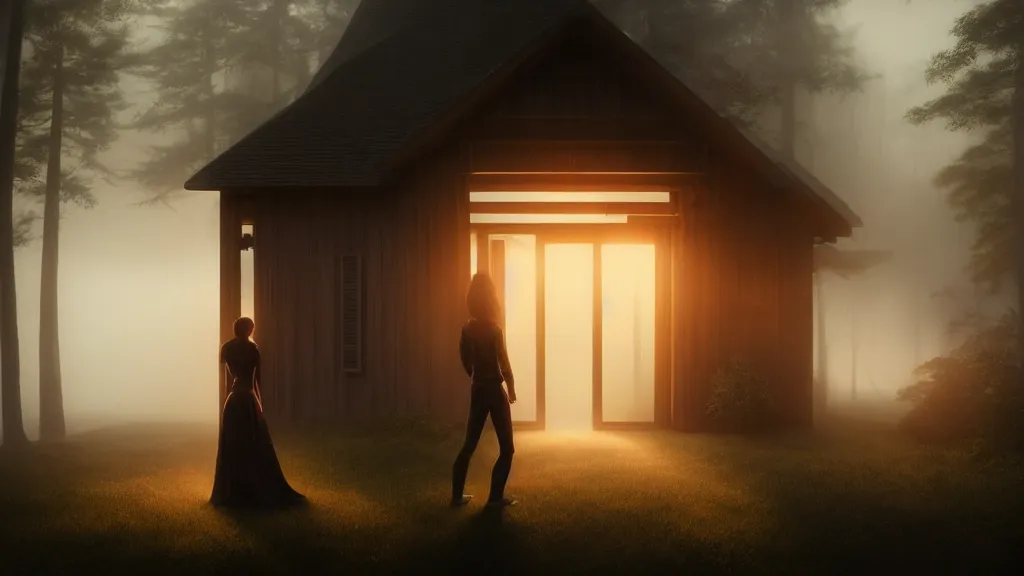 Image similar to portrait of a woman and a man standing on the threshold of a wooden house, fog, volumetric lighting, mystique, atmospheric, sharp focus, ultra detailed, ross tran, thierry doizon, kai carpenter, ignacio fernandez rios, noir art house, 4 k, 3 5 mm