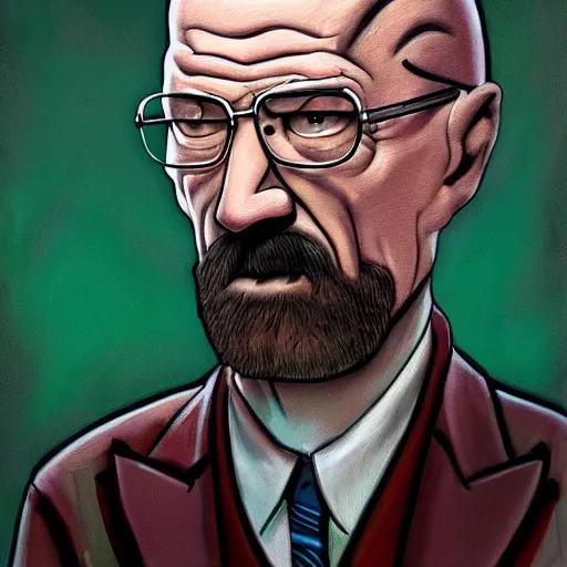 Prompt: ultra realistic portrait painting of walter white in don't starve, art by matt groening, 4 k, ultra realistic, highly detailed, epic lighting