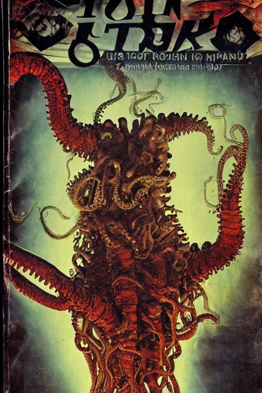 Image similar to photo of poor condition, torn, stained, vintage pulp scifi science fiction magazine cover showing upper body portrait of a monster with tentacles coming from its head, 4 k, high definition