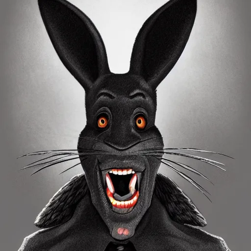 Image similar to A extremely highly detailed majestic hi-res beautiful, highly detailed head and shoulders portrait of a scary terrifying, horrifying, creepy black cartoon rabbit with scary big eyes, earing a shirt laughing, hey buddy, let's be friends, in the style of Walt Disney animation