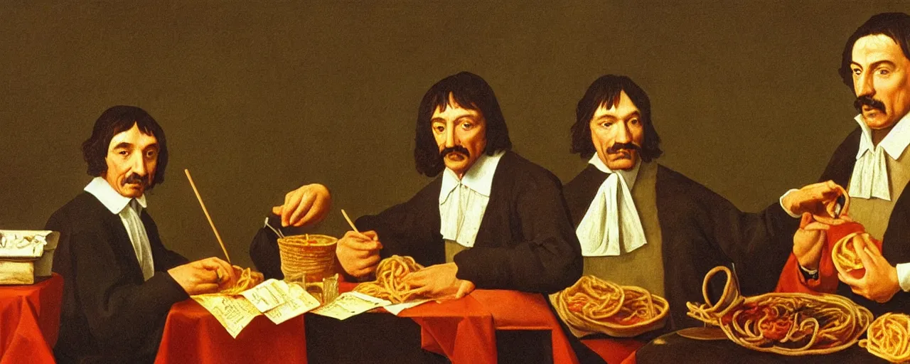 Image similar to rene descartes discussing spaghetti philosophy, 1 5 0 0 s, kodachrome, in the style of wes anderson, retro