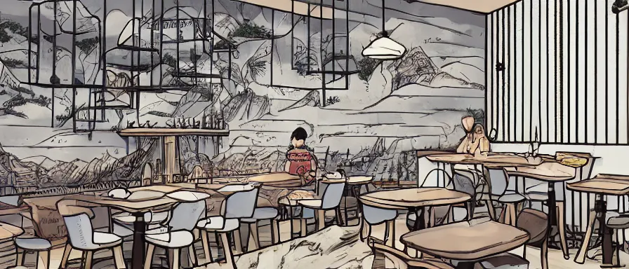 Image similar to a beautiful interior view illustration of a small roasted string hotpot restaurant of baota mountain in yan'an city, restaurant wall paper is a tower on a mountain, rectangle white porcelain table, black chair, animation illustrative style, from china, simple style structure decoration design, victo ngai, james jean, 4 k hd