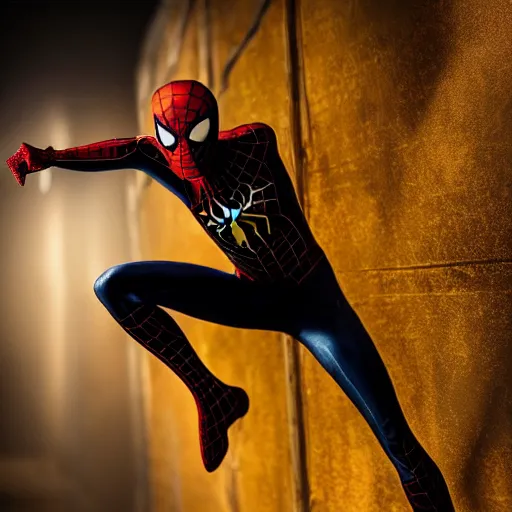 Image similar to gold spider - man suit with black web lining, cinematic, volumetric lighting, realistic, hyperdetailed, photorealistic, photograph