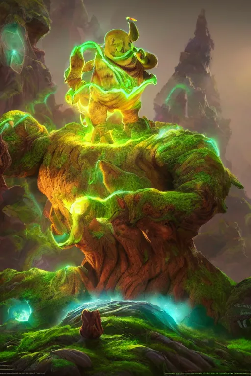 Image similar to arcane fantasy art giant golem elemental wood rock bastion forged gemstone enchanted forest troll, global illumination ray tracing hdr fanart arstation by sung choi and eric pfeiffer and gabriel garza and casper konefal lisa frank zbrush central hardmesh radiating a glowing aura