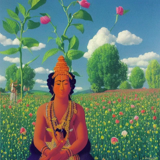 Prompt: hindu goddess in distance looking at you in beautiful meadow of flower, detailed painting by rene magritte