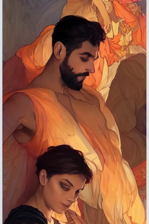 Image similar to bearded young man in orange t - shirt fastens beautiful black dress of his spouse before going to exquisite gala art by artgerm and greg rutkowski and charlie bowater and magali villeneuve and alphonse mucha