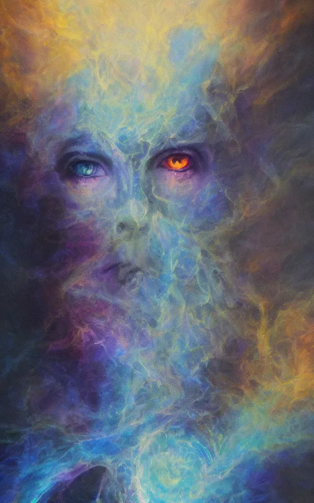 Prompt: iridescent spirit of wrath and fear cruel beautiful spirit with golden eye lunar mythos ambient fog, award winning oil painting, lunar color palette