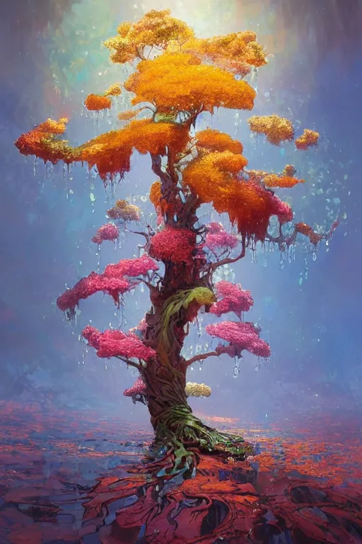 Prompt: an hiper intricate oil painting of a beautifull fractal tree surounded by melting colorfull wax drips, colorfull, excelent composition, wide shot, by yoshitaka amano, by greg rutkowski, by alphonse mucha by jeremyg lipkinng, by rhads, by ross tran, artstation, octane render