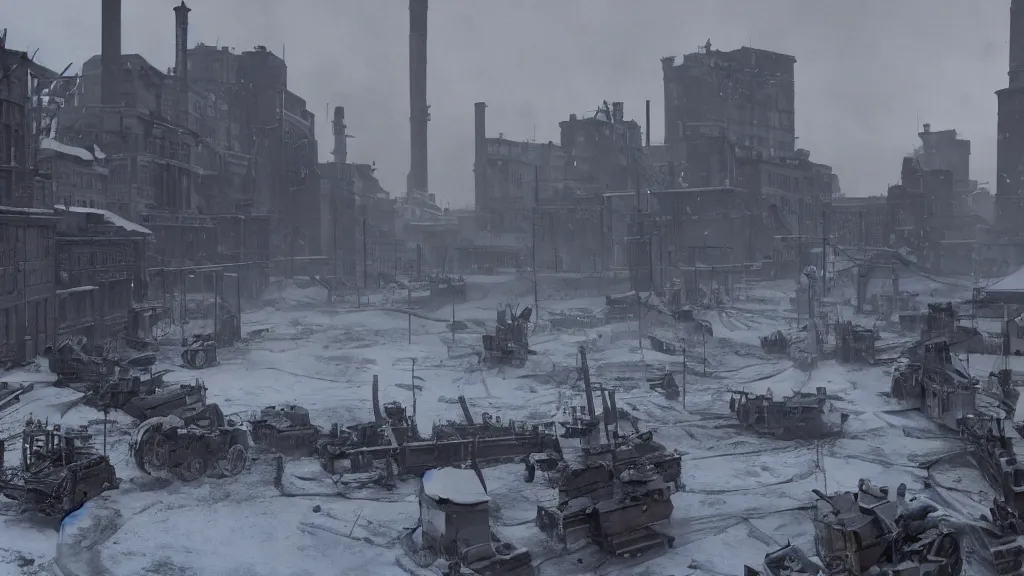 Image similar to It is a time of unrest in 1920's Europa. The ashes from the first great war still darken the snow. The capitalistic city-state known simply as 'The Factory', which fueled the war with heavily armored mechs, has closed its doors, drawing the attention of several nearby countries. octane render, 8k