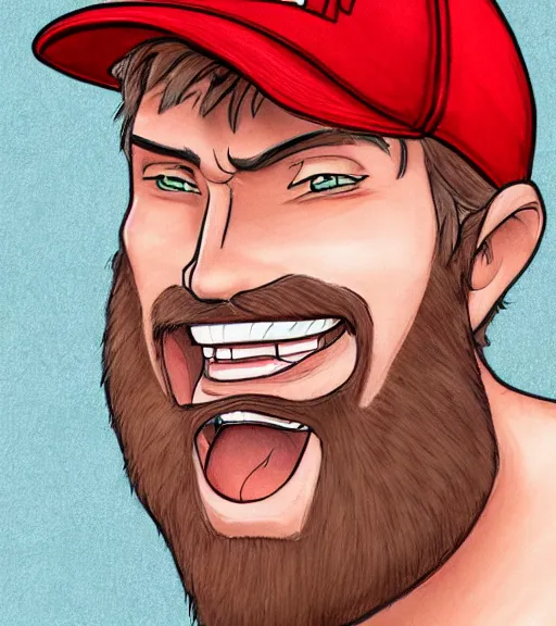 Image similar to tall white guy with a short blonde beard wearing an nc state red baseball cap and red shirt full color digital illustration in the style of don bluth, artgerm, artstation trending, 4 k