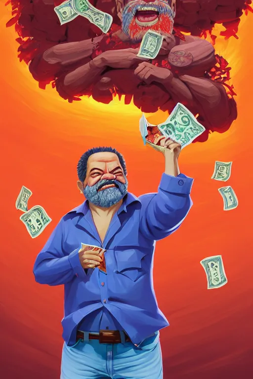 Image similar to a highly detailed beautiful portrait of Luiz Inácio Lula da Silva in Hell wearing a hawaiian shirt, counting money in front of people, highly detailed, 2d game fanart behance hd by Jesper Ejsing, by RHADS, Makoto Shinkaih and Lois van baarle, ilya kuvshinov, rossdraws global illumination, cinematic , hyper-reslistic, depth of field, coherent, high definition, 8k resolution octane renderer, artstation