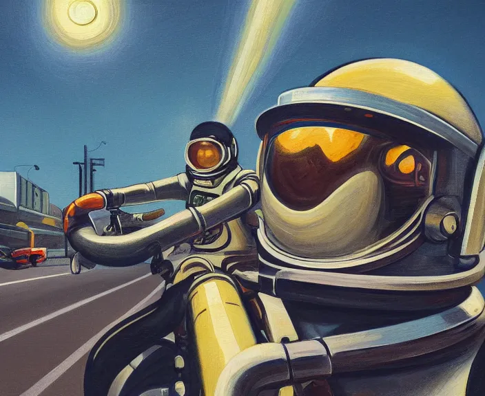 Image similar to a very detailed painting of a astronaut wearing a suit, riding a motorbike down a street, harley davidson motorbike, worm's - eye view, very fine brush strokes, very aesthetic, very futuristic, in the style of edward hopper and grant wood and syd mead, 4 k,