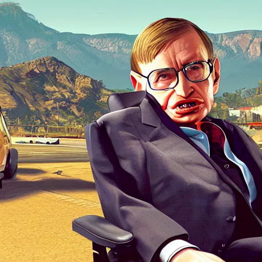 Image similar to Stephen Hawking in GTA V cover, rockstar games, no text,