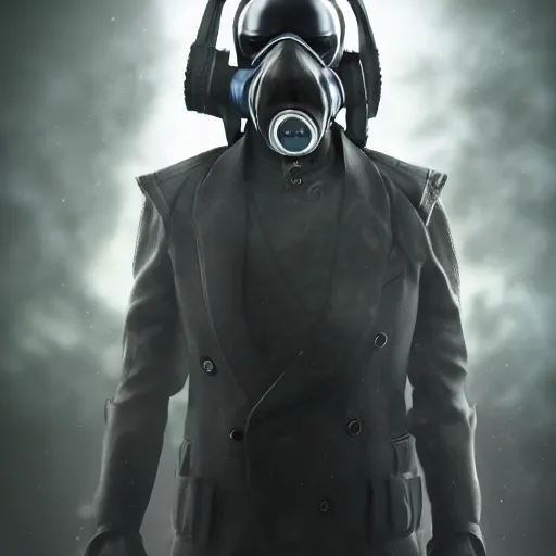 Prompt: hooden villain wearing a kamen rider gas mask, res eyes, smoke coming out of his body and coat, dark background, unreal engine 5, ultra realistic, detailed, fog, volumetric lighting, by greg rutkowski,
