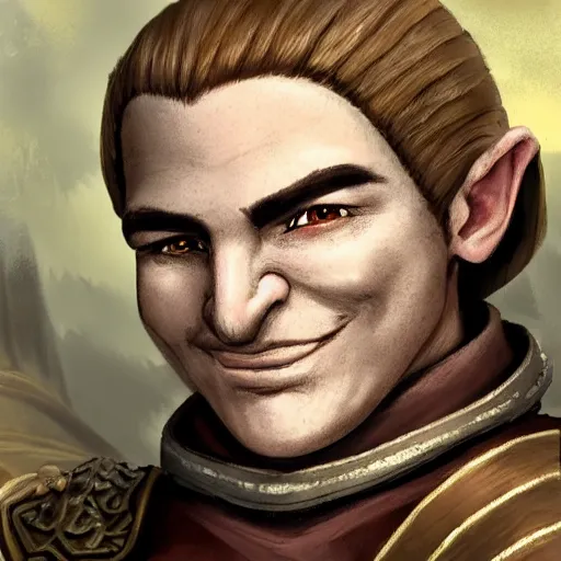 Image similar to baldurs gate 2 portrait of a male halfling cleric with defined cheekbones, dark blonde hair tied in a ponytail, wearing a brown and white robe with a white and brown cloak, wry smile