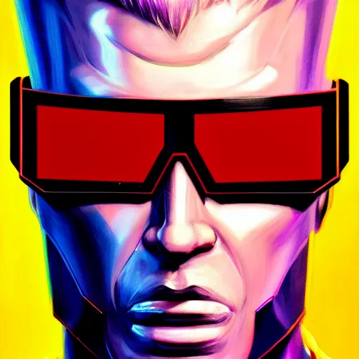 Image similar to a portrait of cyberpunk Duke Nukem wearing reflective surface mirror surface shades mirrorshades, Night City, cyberpunk 2077, neon megacity in the background, angry and bored, illustration, soft lighting, soft details, painting oil on canvas by mark arian by artgerm, trending on artstation, 4k, 8k, HD