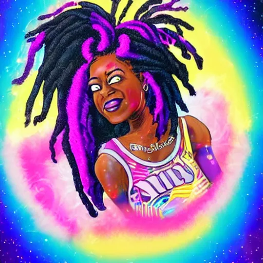 Image similar to black woman with purple dreads in space in the style of lisa frank